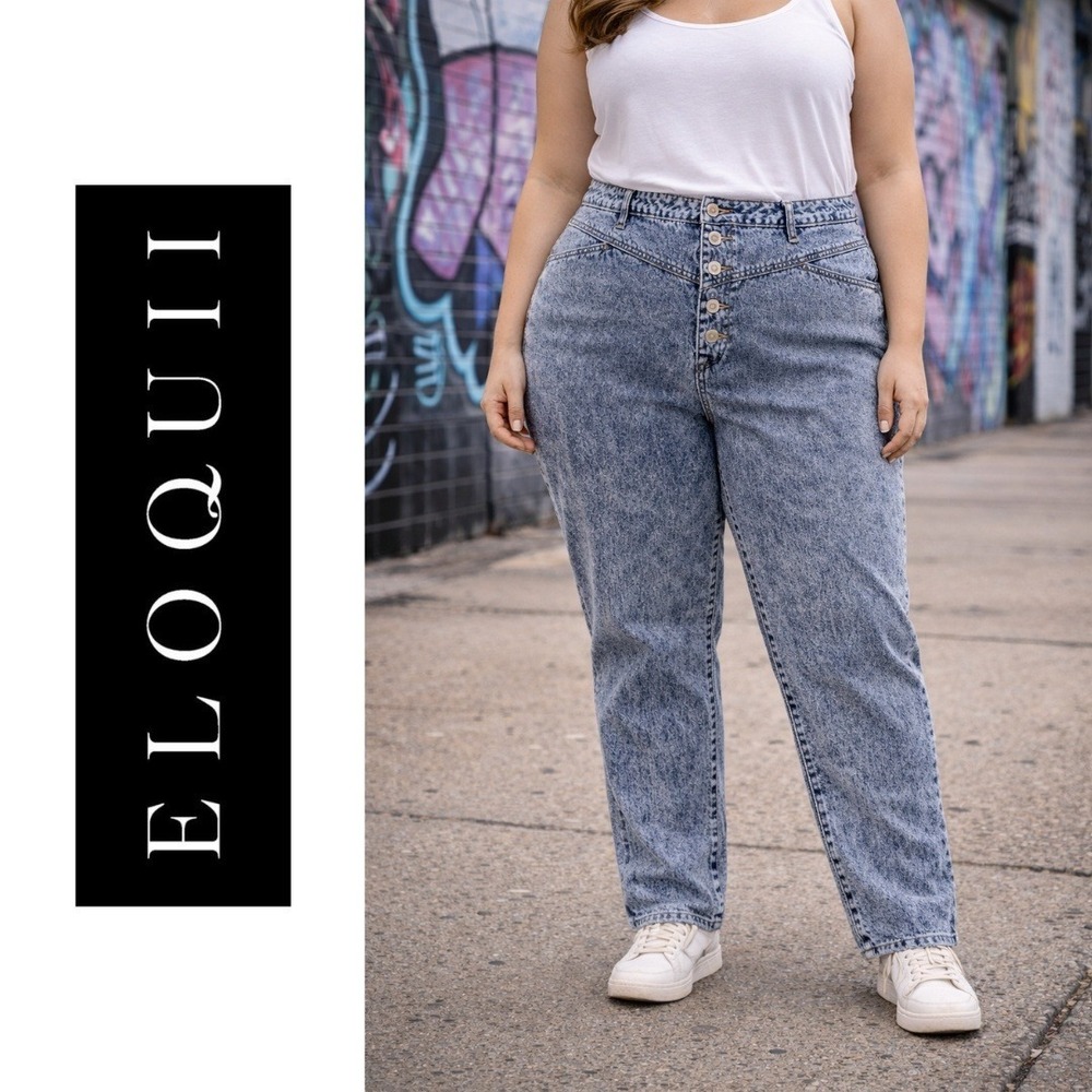 NWT, Eloquii, High Rise Acid Wash Mom Jeans Button Fly Size 18 Western Yoke